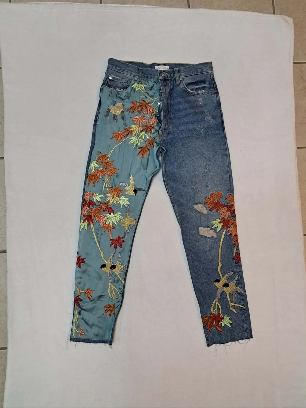 Zara Premium High-waist Cropped Denim and Satin Embroidery Panel Jeans
